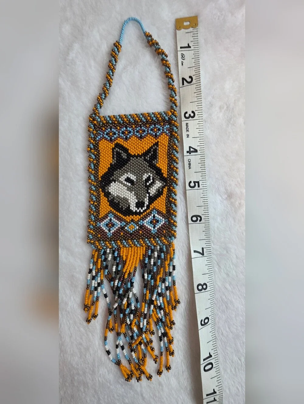 Handmade Beaded Wolf Wall Hanging / Ornament Native Style Seed Bead Art Fringe